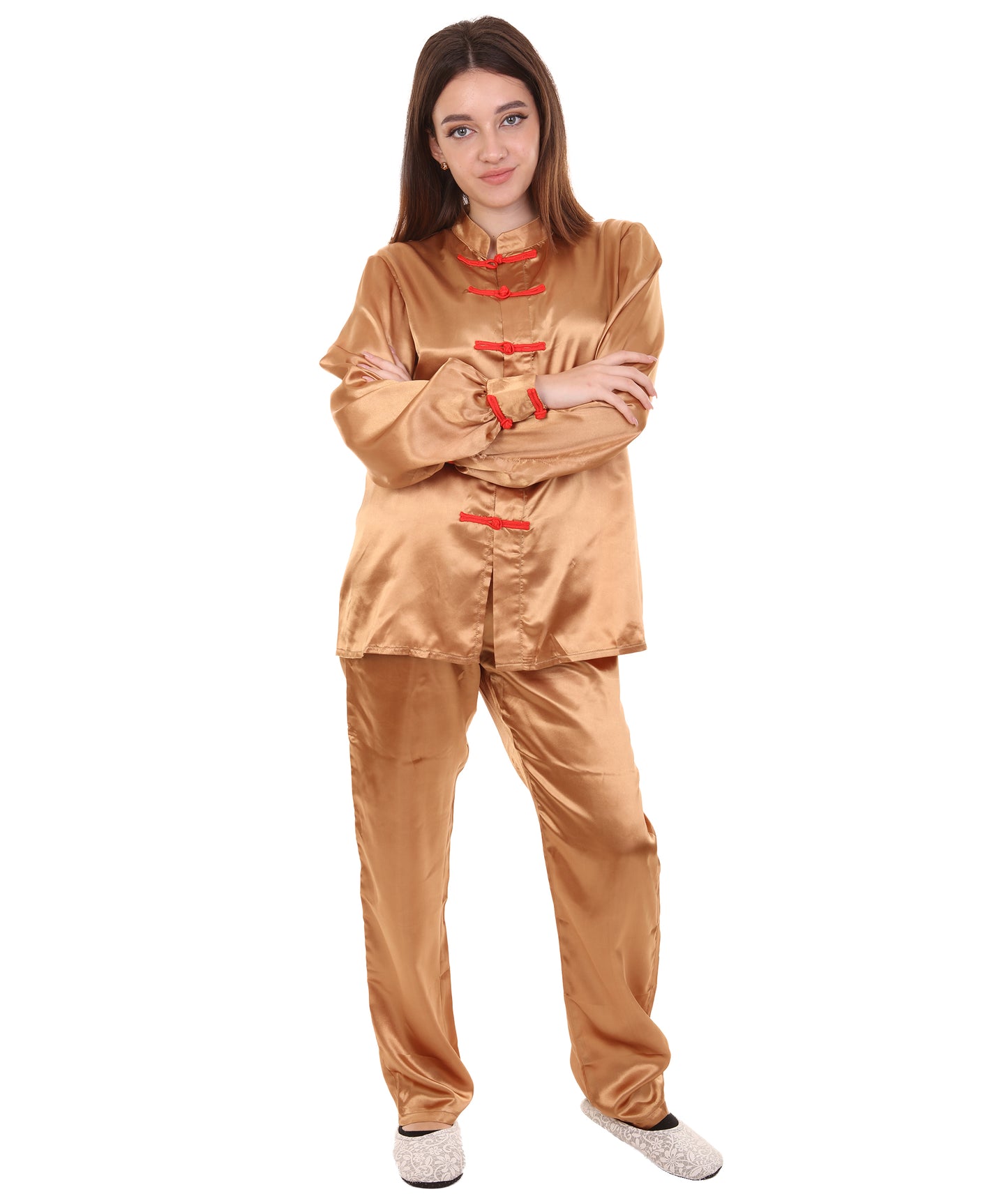 大人用ウィメンズ JCO-270_3 中国の伝統的なカンフー ブラウンサテン 制服 コスプレ衣装