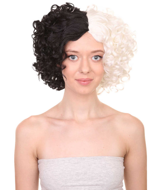 プレミアムハロウィンパーティーレディ H-5459 ショルダーカーリーレングス クルーエル&イーヴィルツートーンウィッグ ブラック&ホワイト