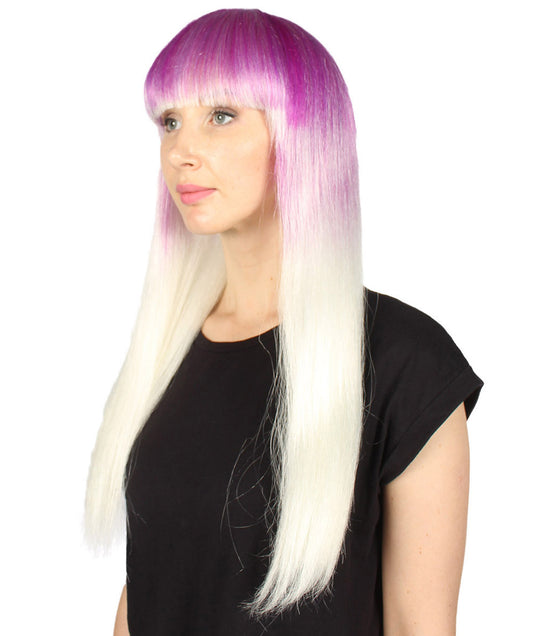 女性用パープルとホワイト2トーンロングボブウィッグ H-3428 パーティー準備完了の華やかなコスプレハロウィンウィッグ プレミアム通気性のあるキャップレスキャップ