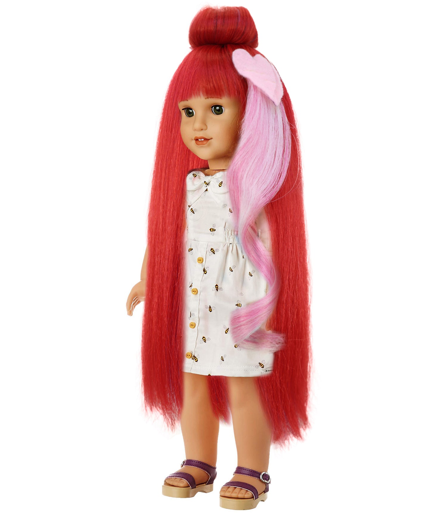 Wigs2you B-237 (赤にピンクのハイライト)、お団子と前髪が付いた 14 インチの長さのストレート人形用合成ウィッグ。