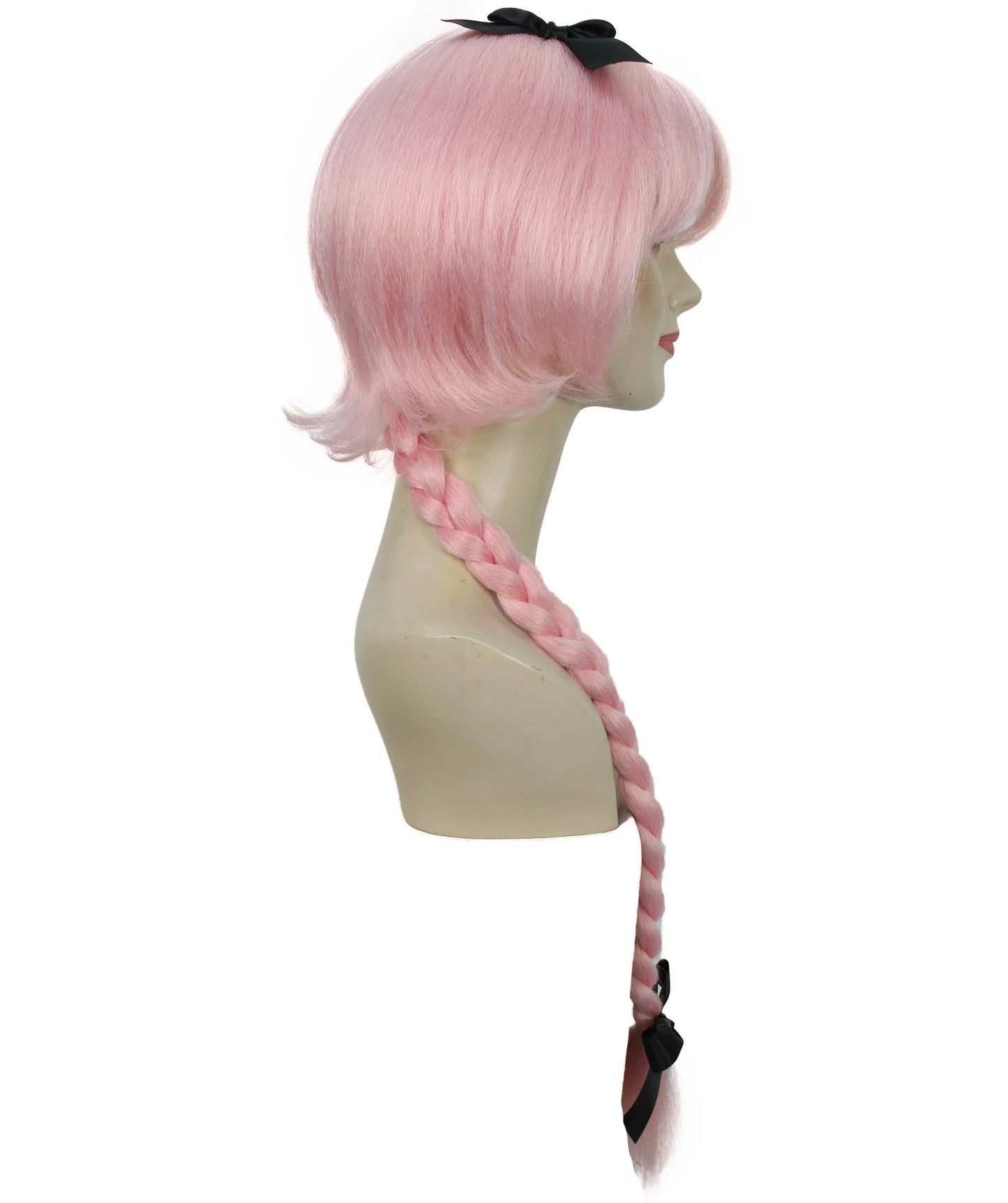 H-6264 ピンク コスプレウィッグ 女性用 ロング編み込み ちょう結び 難燃性合成繊維製