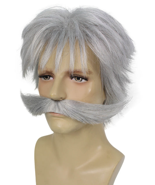 メンズ H-6029 アニメ映画エクスプローラー ファーザー プラチナ ブロンド ウィッグ 口ひげ付き 難燃性合成繊維