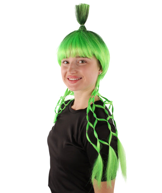 プレミアムレディースH-5923 グリーンロングコスプレウィッグ ハロウィンに最適 難燃性合成繊維
