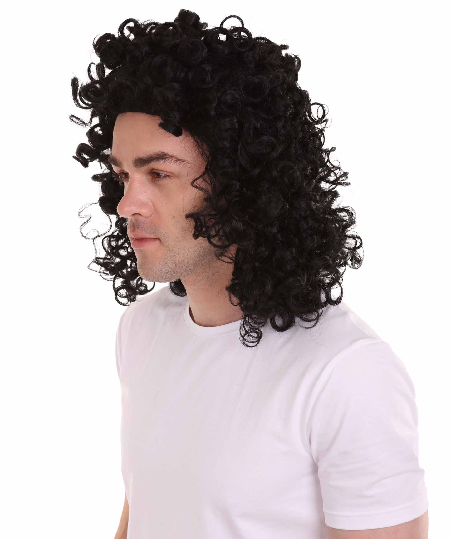 ハロウィンパーティ 男性用 H-4280 カーリーロックスターウィッグ 黒 プレミアム通気性キャップレスキャップ