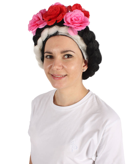 大人女性 H-6324 メキシコのアーティスト フリーダ 複数の色 花柄編み込みウィッグ 合成ソフトファイバーヘア 難燃性合成繊維