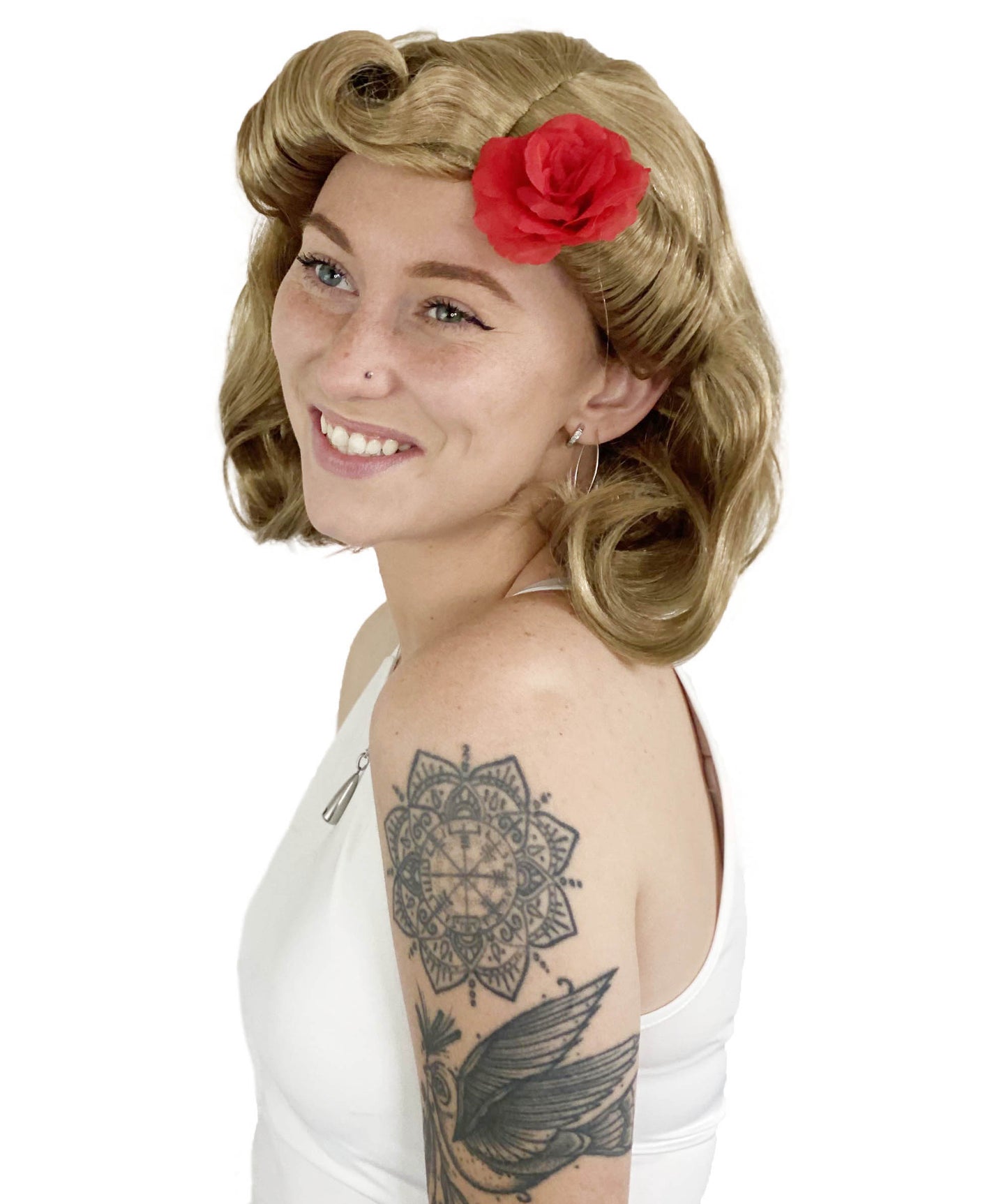 ローズと一緒のかつらの上の婦人用ピン|党がすぐに使える想像ブロンド・コスプレ・ハロウィンかつら|割増空気を通すCaplessなキャップH-425