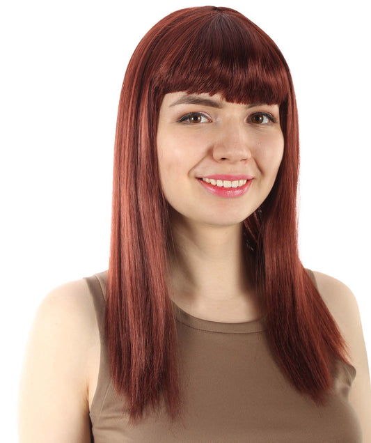 女性 18インチ シルキーな中程度のストレート長さ ディーバウィッグ ダークブラウン H-5378_19 合成繊維の髪 バングス付き ハロウィーン パーティーウィッグ