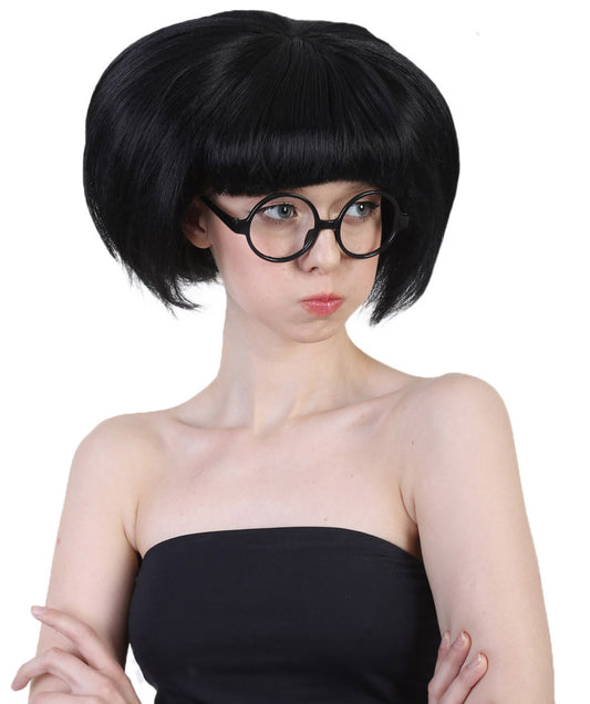 Incredibles 2 ファッションデザイナー Edna Mode グラスセット付き H-3844 ブラック カラーボブ バング&グラス ハロウィンウィッグ 通気性の良い キャップレスキャップ