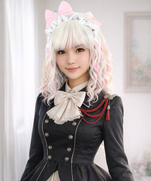 Wigs2you C-128 女性用ショートカーリーロリータウィッグ - 13インチ ホワイト合成ウィッグ、パステルチップ&スタンダードキャップ付き