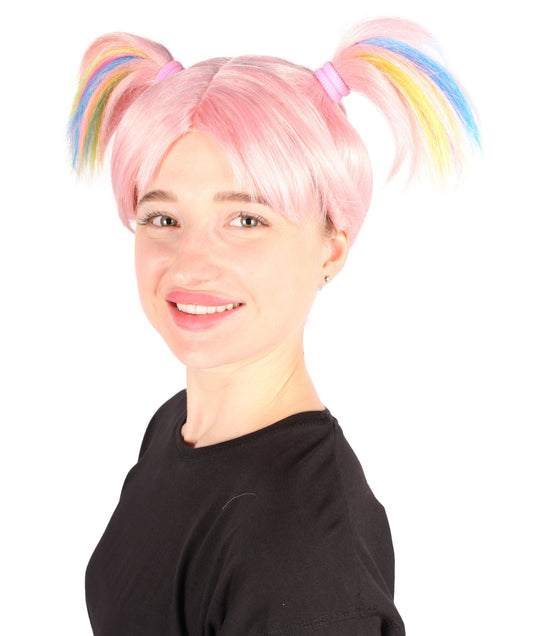 プレミアムレディースH-5929 ピンクツインテールマルチカラートロールウィッグ ハロウィンに最適 難燃性合成繊維