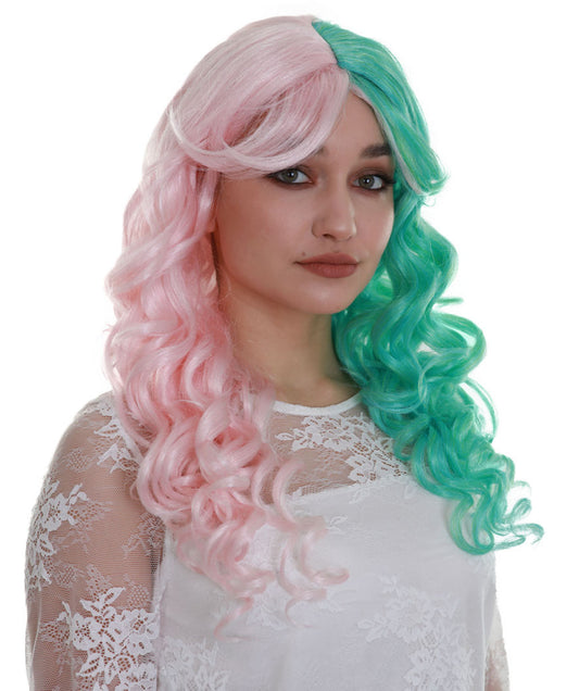 ハロウィンパーティープレミアム レディース H-5321 トゥートーン グリーンアンドピンク カーリーミディアムレングス トレンディ カリプソウィッグ