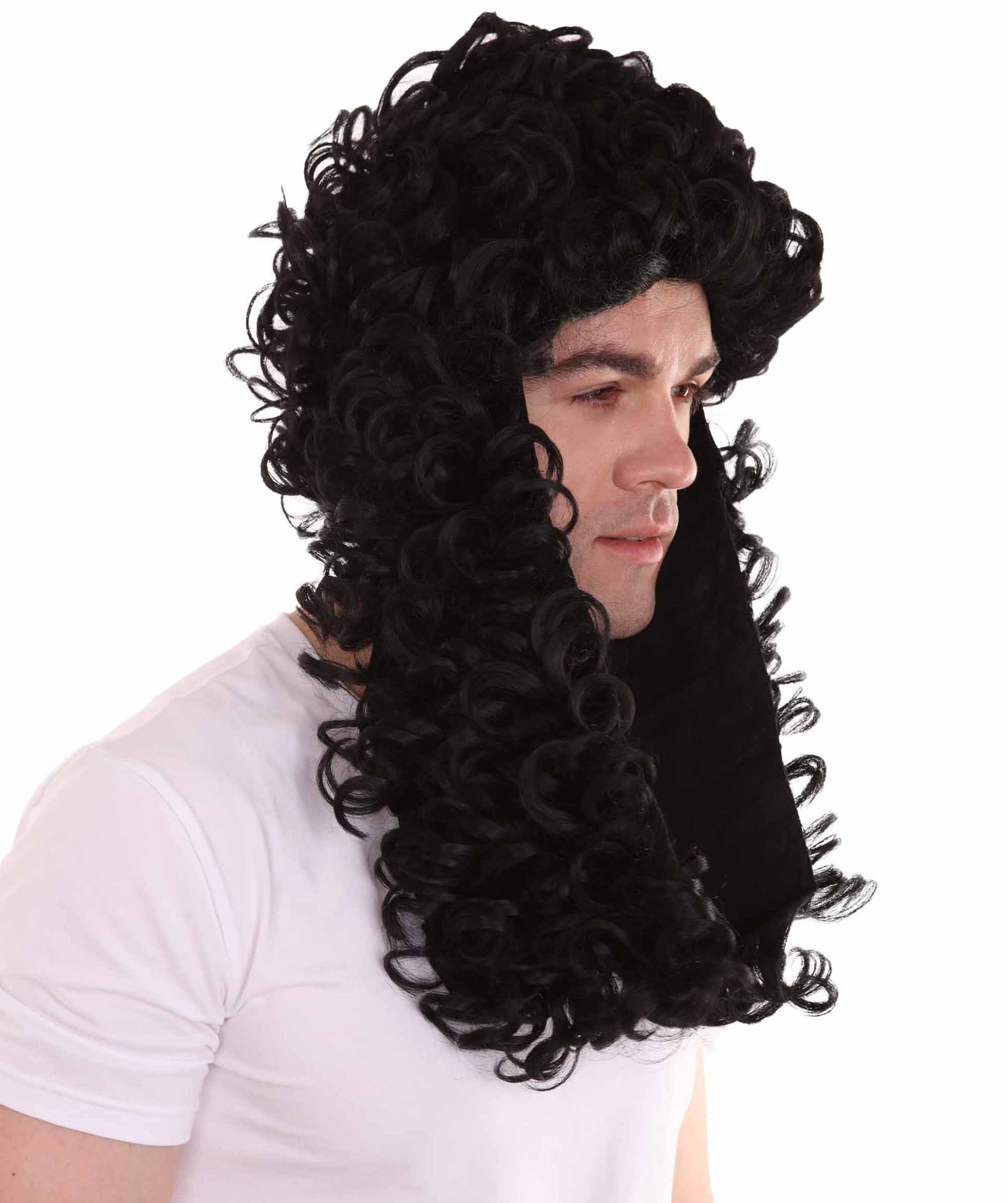 ハロウィンパーティ 男性用 H-4279 コロニアル歴史的なカーリーウィッグ 黒 プレミアム通気性キャップレスキャップ