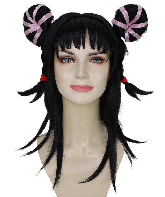 女性用 H-6237 ブラック ロングストレート ダブルバンウィッグ 難燃性合成繊維