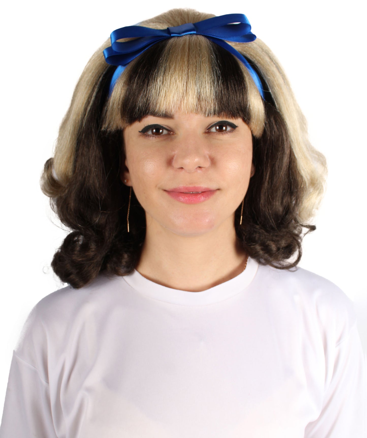 プレミアムレディースH-5932 アメリカの女優ウィッグ ブラックアンドブロンドカラー ブルーボウつき ハロウィンに最適 難燃性合成繊維