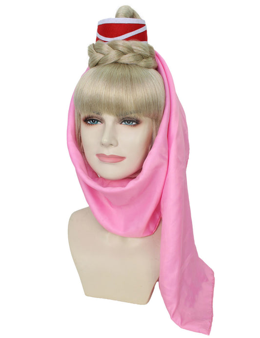 ウィメンズ H-5712 (60年代) のアメリカのシットコム ブロンド ジーニーウィッグとピンクヘッドピース 合成ソフトファイバーヘア ハロウィンとクリスマスパーティーに最適