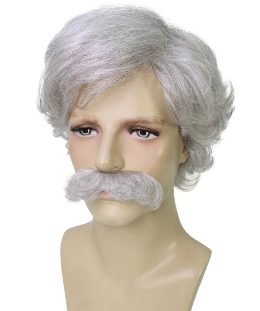 メンズ H-6027 アニメーション漫画ミュージカルファンタジー映画ホワイトグレーカーリーコスプレウィッグと口ひげ、キャップレスキャップ、難燃性合成繊維 HPO