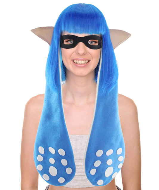 ハロウィンパーティ プレミアムレディース H-4717 スプラトゥーン ブルーインクリングガール ブルーウィッグと耳、マスクセット