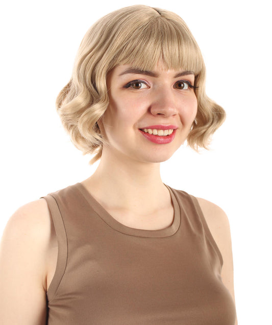 女性 8インチ ショートレングス ウェービー ポップアイコンウィッグ ベージュ H-5381_14 合成繊維の髪 ハロウィーンパーティーウィッグ