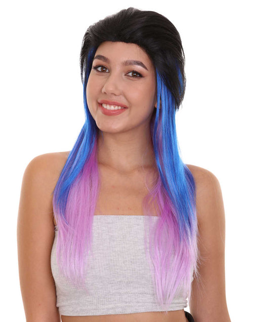 黒紫と青のレイブ風レディースウィッグ H-2689 ファンシーパーティー用、ハロウィン用、簡単に着用可能