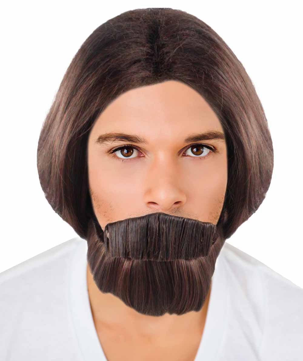ブラウン カーリー ウェーブ 男性 ウィッグ & ビアード セット H-2361 コスプレ ハロウィン ウィッグ プレミアム 通気性のあるキャプレスキャップ