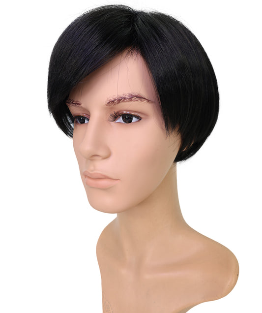 Wigs2you H-6907 男性用 10インチ ブラック あご丈ボブウィッグ(前髪付き)| 耐熱性合成繊維使用 | 自然で軽量な通気性キャップ付きウィッグ