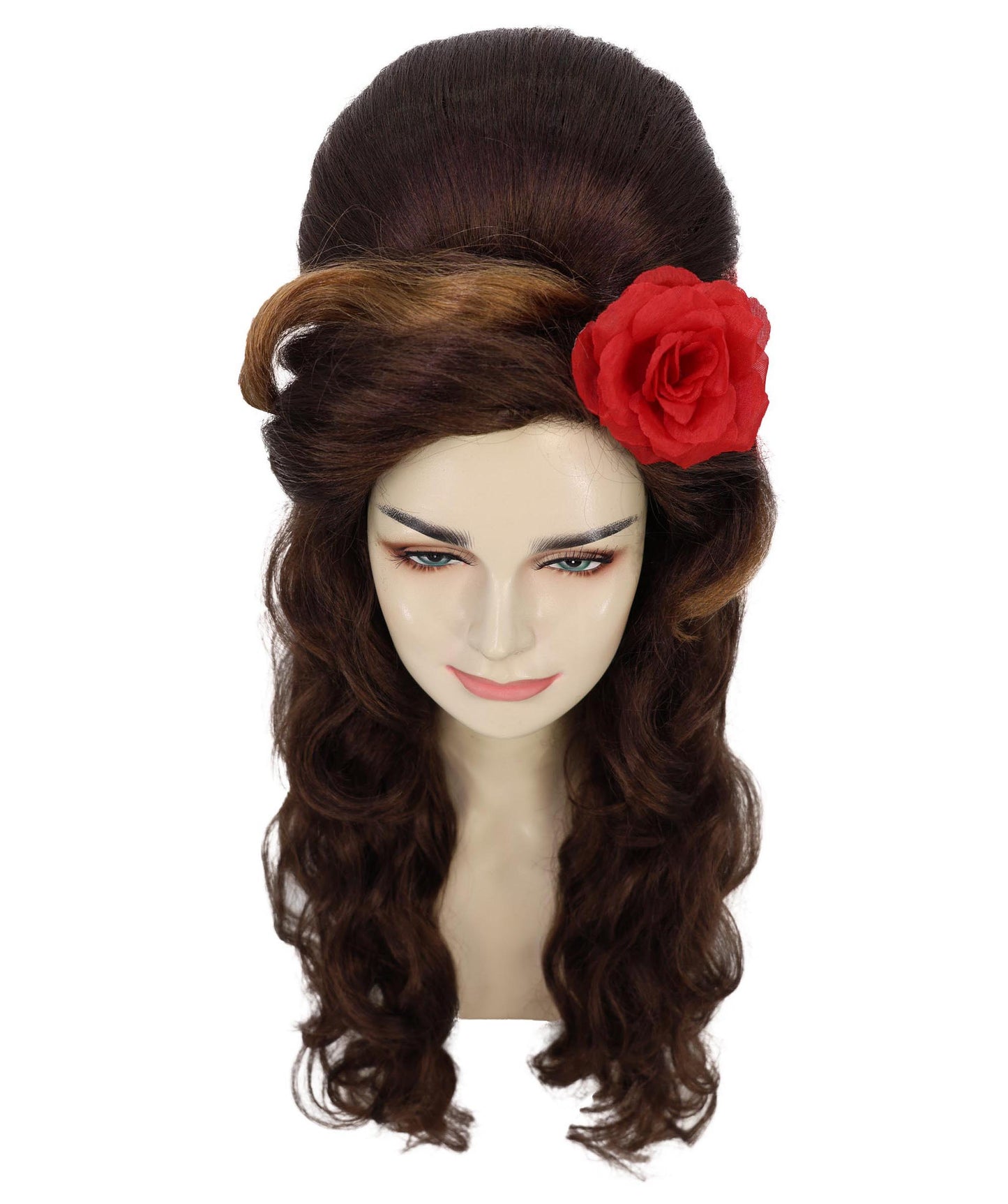 Wigs2you H-6975 大人用レディース レトロブラウン ビーハイブウィッグ レッドフラワー付き | 80年代ヴィンテージグラムロングカーリーヘアピース コスチューム&パーティー用 | ハロウィンに最適 | 通気性のあるキャップレスキャップ