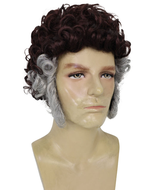 Wigs2you H-7011 大人用メンズ ブラウン カーリー レトロ フルウィッグ グレー サイドバーン付き 9インチ 合成繊維 ハロウィン、コンベンション、コメディー ドレスアップ パーティーに最適