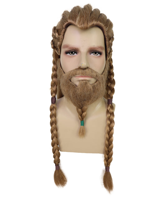 Wigs2you H-7030 大人用メンズ バイキング編み込みフルウィッグ ひげ・口ひげ付き ブラウン 21インチ 合成繊維 北欧戦士コスプレ、フェスティバル、パーティーに最適