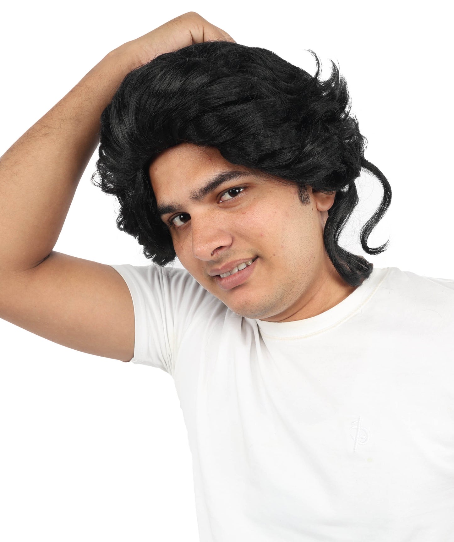 Wigs2you H-7093 大人男性用ミディアムウェーブブラックウィッグ|柔らかなボリューム感のある合成毛ウィッグ|コスプレ、パーティー、舞台パフォーマンスに最適な自然な質感のスタイル