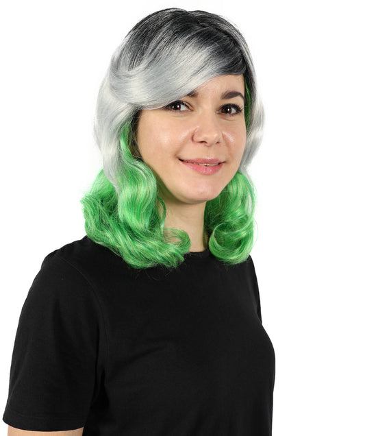 Wigs2you H-7159 大人女性用 オンブルグレー&グリーン ショートウェーブボブウィッグ(前髪付き)|合成繊維ファッションウィッグ|普段使い、コスプレ、コスチューム用