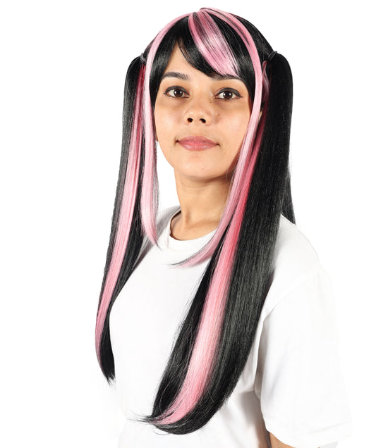 Wigs2you H-7223 女性用ロリータ風グラデーションウィッグ、ロング、ブラックとピンクのツインテールスタイル、前髪付き|ハロウィンに最適|通気性の良いキャップレスキャップ
