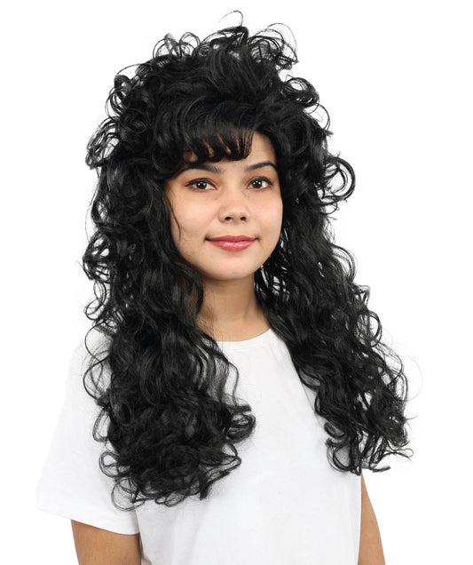Wigs2you H-7254 大人用女性向けロング・カーリー・ブラック・ウィッグ(セクシーなスタイル) | ハロウィン、グラムロック、ディスコ、コスプレに最適な、ボリューム感のある80年代風ヘアピース | 通気性に優れたキャップレス仕様