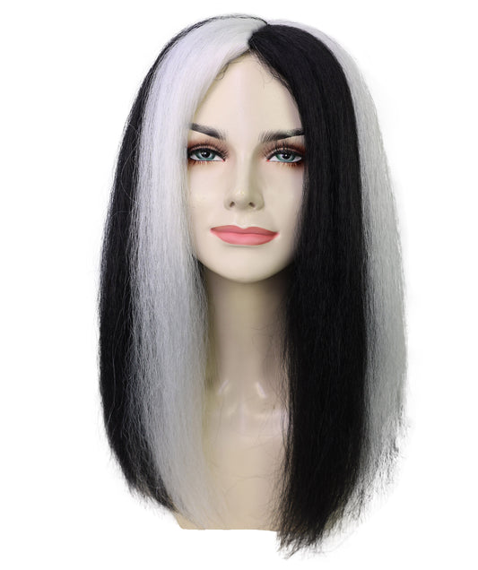 Wigs2you H-7255 大人女性用、不気味な雰囲気のロングブラック&ホワイトウィッグ|ドラマチックなハロウィンヘアスタイル|通気性の良いキャップレスキャップ