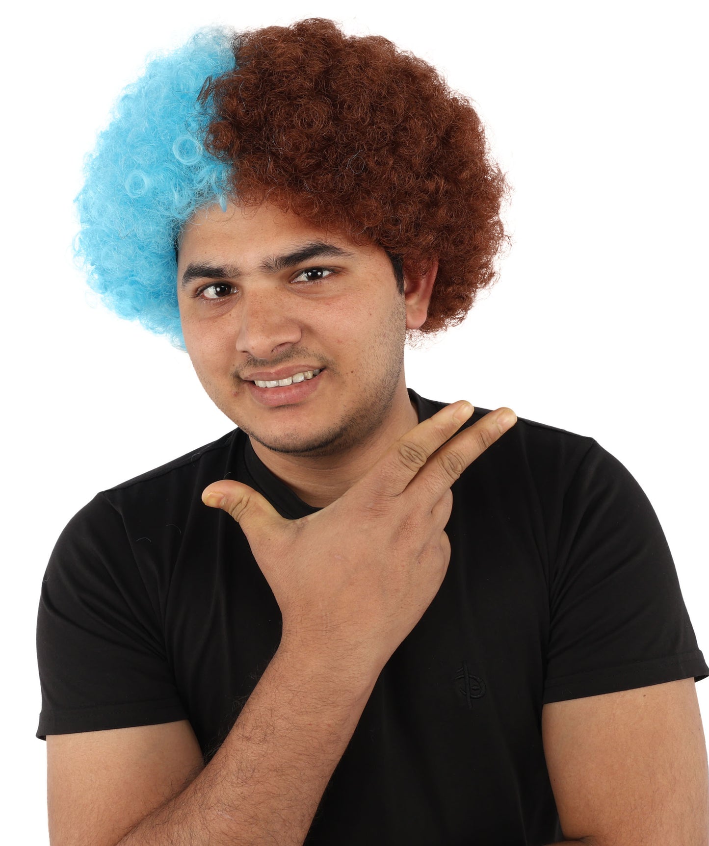 Wigs2you H-7404 大人用ツートンカラーのカーリーウィッグ|ワインレッドとスカイブルーの縮れ毛風難燃性合成繊維|ハロウィンテーマのパーティースポーツ観戦ファン向け小道具