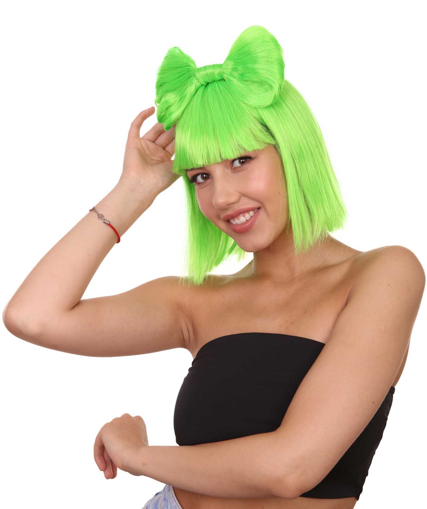 大人の女性用 H-1661 ライム色バタフライボウウィッグ セレブリティウィッグ ハロウィン用 プレミアム通気性キャップレスキャップ