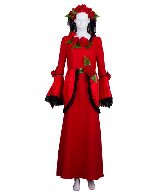 女性 JCP-104 のハロウィンコスプレアニメーションホラーセニョールブライドコスチューム 赤と黒の色、緑の葉付き