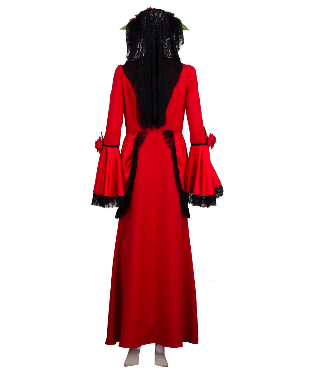女性 JCP-104 のハロウィンコスプレアニメーションホラーセニョールブライドコスチューム 赤と黒の色、緑の葉付き