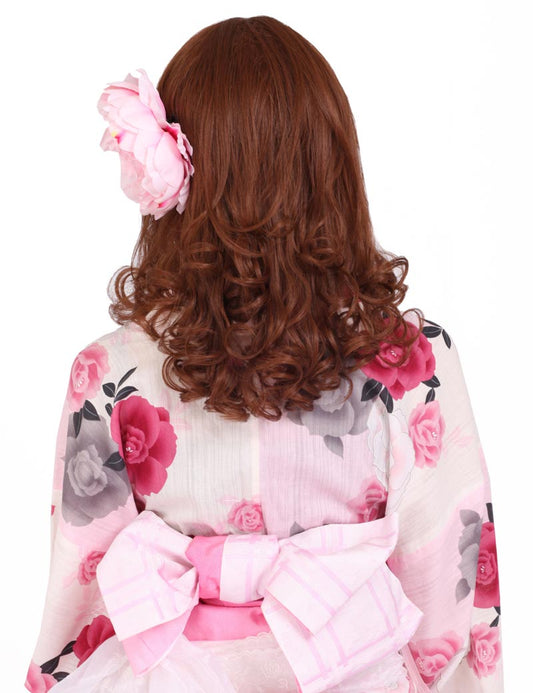 W-592、人毛100%。ライトブラウンストレート毛先がカールしたロングスタイルウィッグとさらさら定番スタイル。ウィッグネット付き。