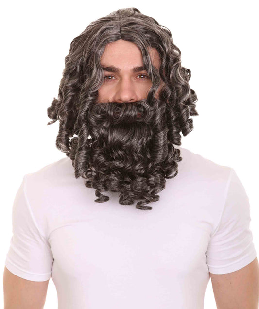 男性用 H-1533 バイブリカル ダークグレー ウィッグとビアード セット プレミアム通気性キャップレスキャップ