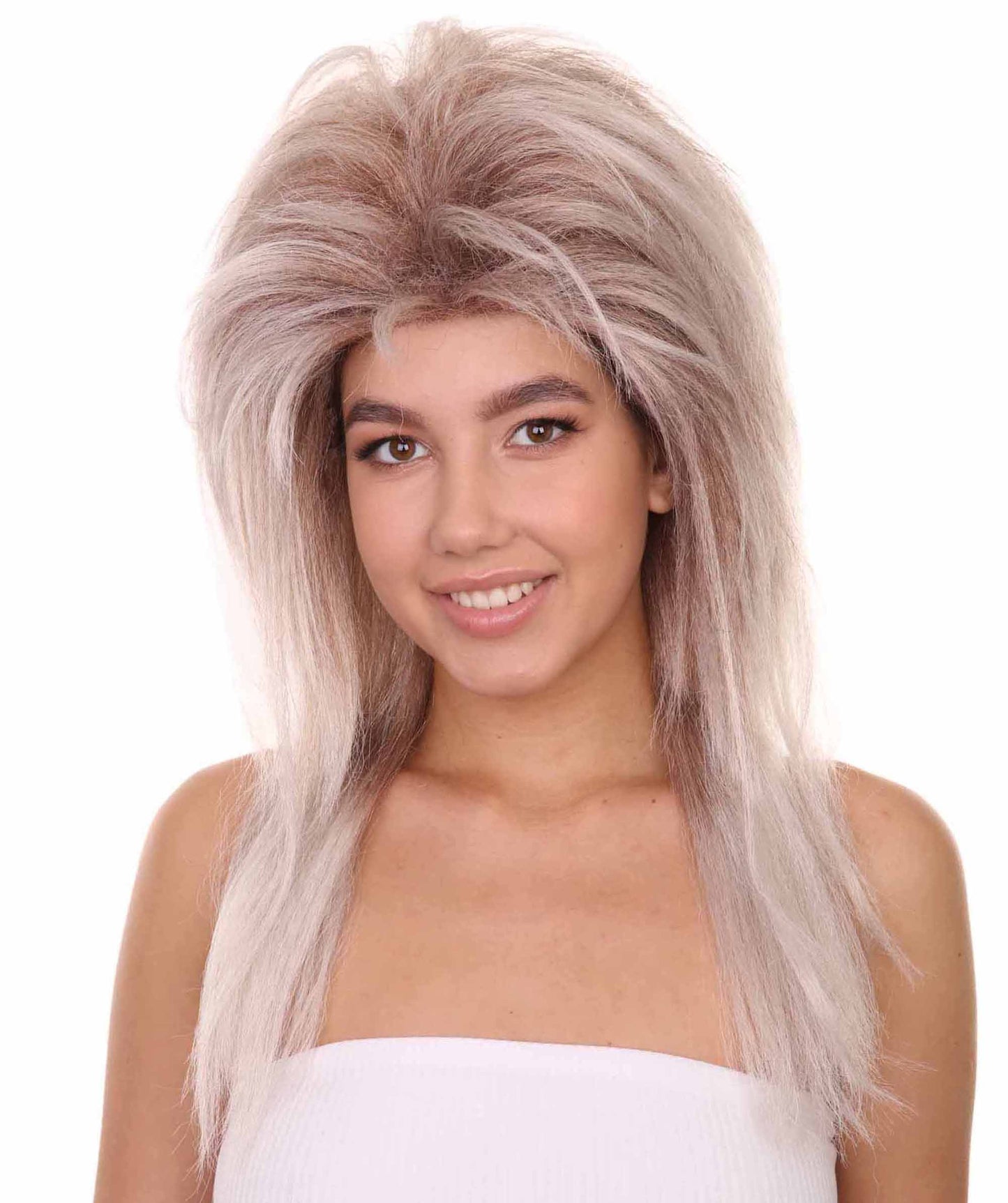 プレミアムハロウィンパーティーレディ H-5407 ロングレングス コスプレ ロックンロールのグラム スパイク付き80sロッカーウィッグ ライトブロンド