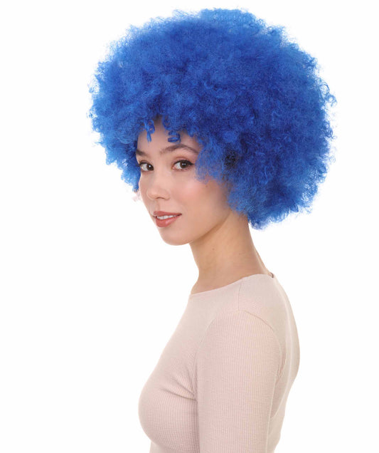 ユニセックス ブルー アフロ ピエロ ウィッグ ジャンボ カーリー コスプレ ハロウィン ウィッグ プレミアム通気性キャップレスキャップ H-557
