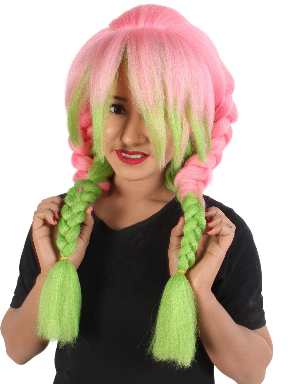 Wigs2you H-5671大人の女性のアニメコスプレ悪魔ハンターレインボーピンク三つ編みと前髪ウィッグ