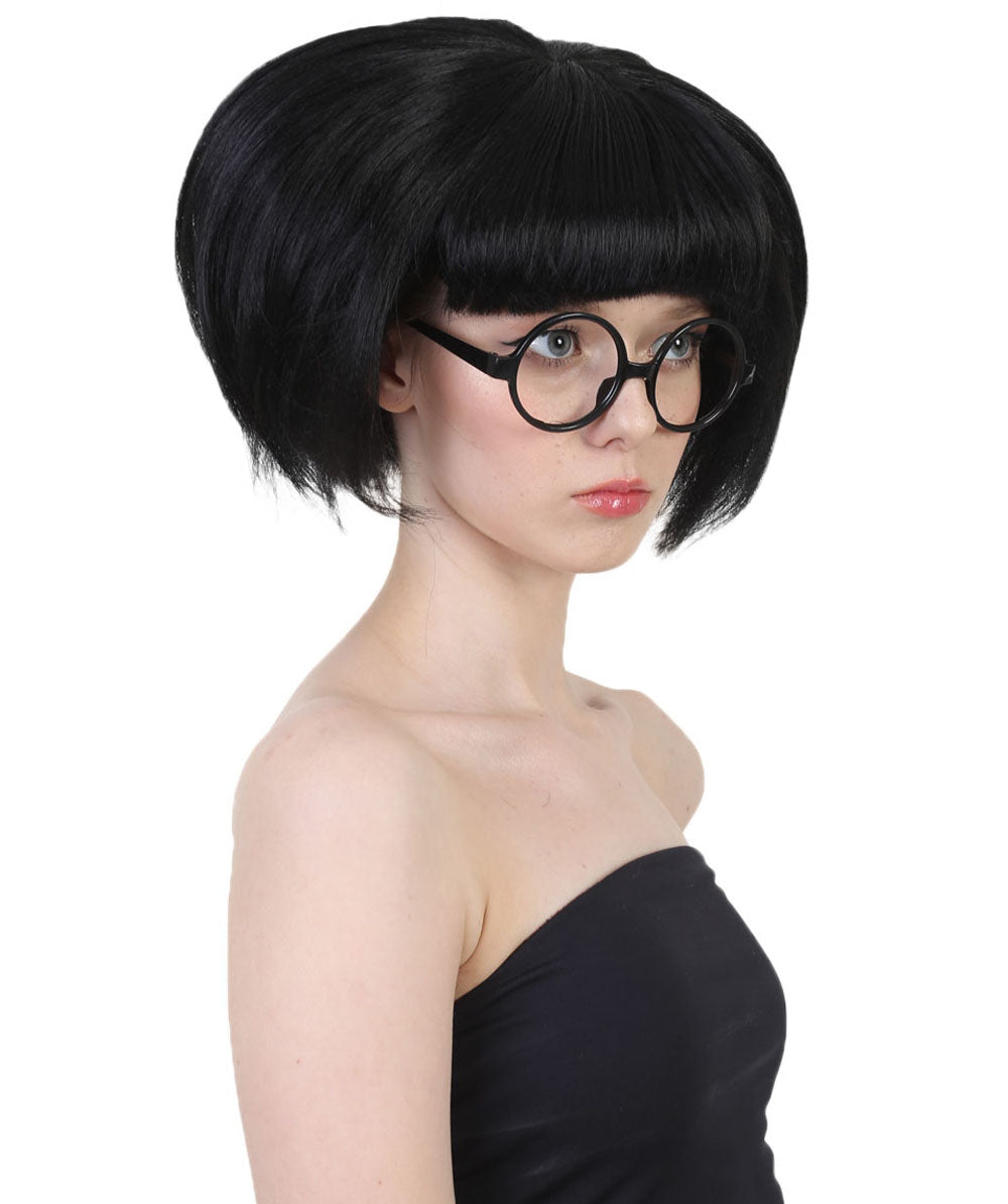 Incredibles 2 ファッションデザイナー Edna Mode グラスセット付き H-3844 ブラック カラーボブ バング&グラス ハロウィンウィッグ 通気性の良い キャップレスキャップ