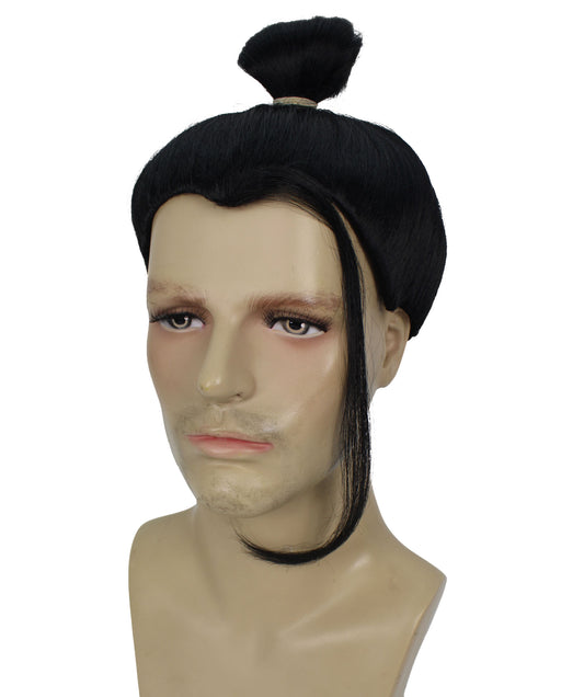 メンズ H-6129 印象的なブラック アニメ 悪役ウィッグ お団子付き I ハロウィンに最適 I 難燃性合成繊維