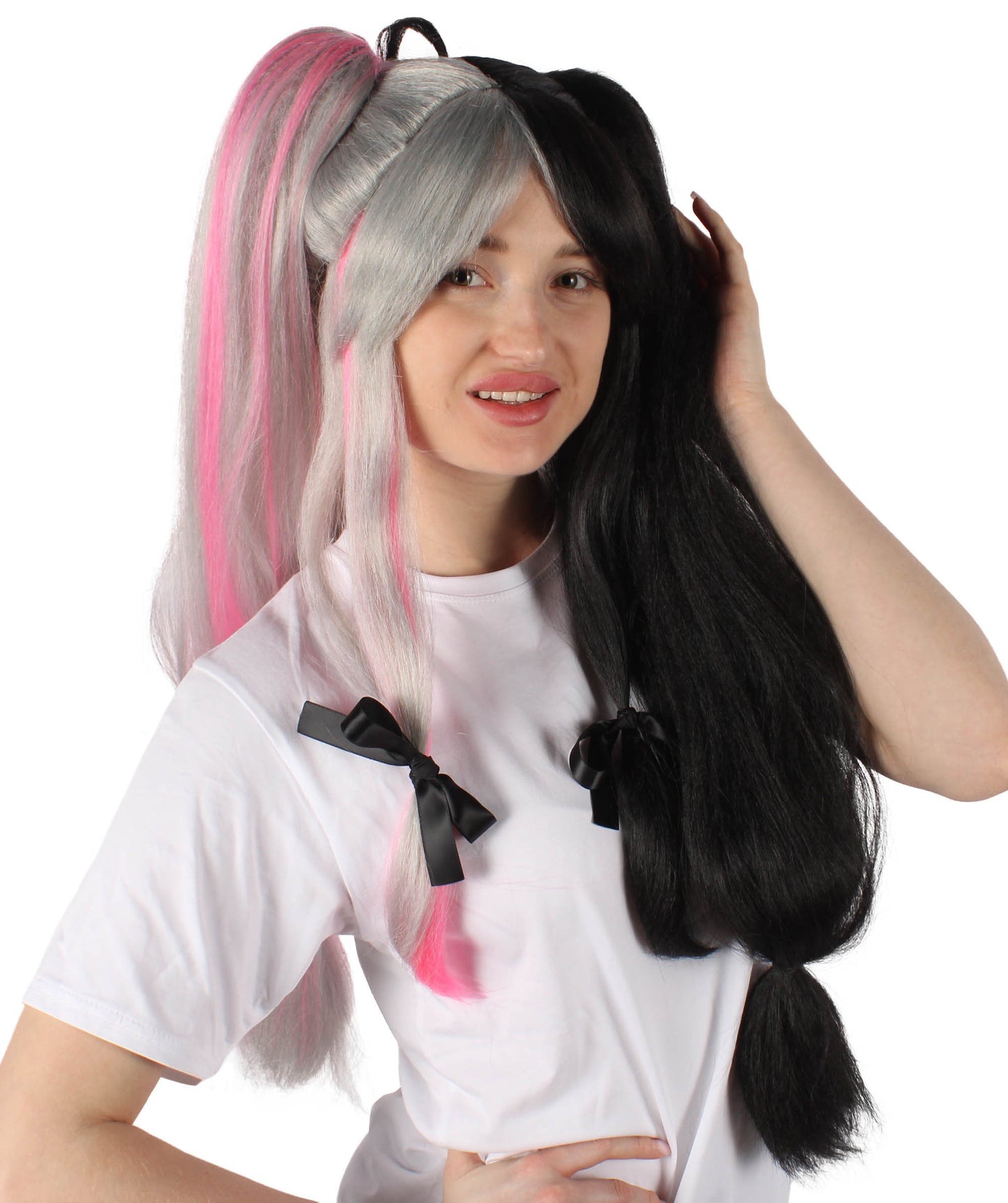 女性用 H-6218 日本の VTuber 黒とピンクのダブルテールウィッグ ハロウィンに最適 難燃性合成繊維