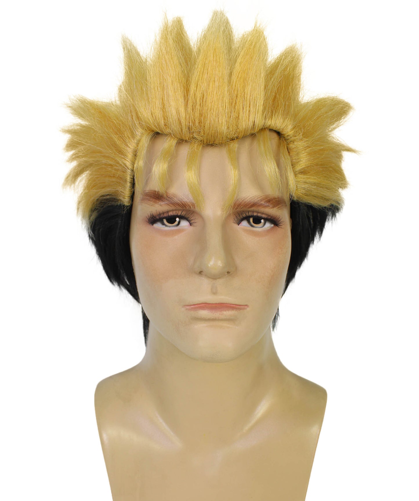 メンズ H-6097 ブラック & ブロンド コスプレ アニメ キャラクター スパイキー ヘアウィッグ ハロウィンに最適 難燃性合成繊維