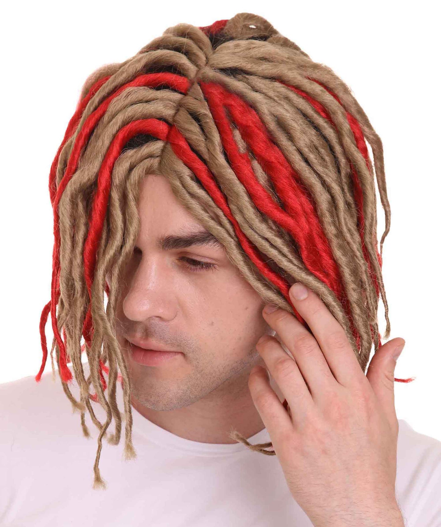 男性用アメリカンラッパー H-4771 Lil Pump ショートドレッドロック レッドブロンドウィッグ プレミアム通気性キャップレスキャップ