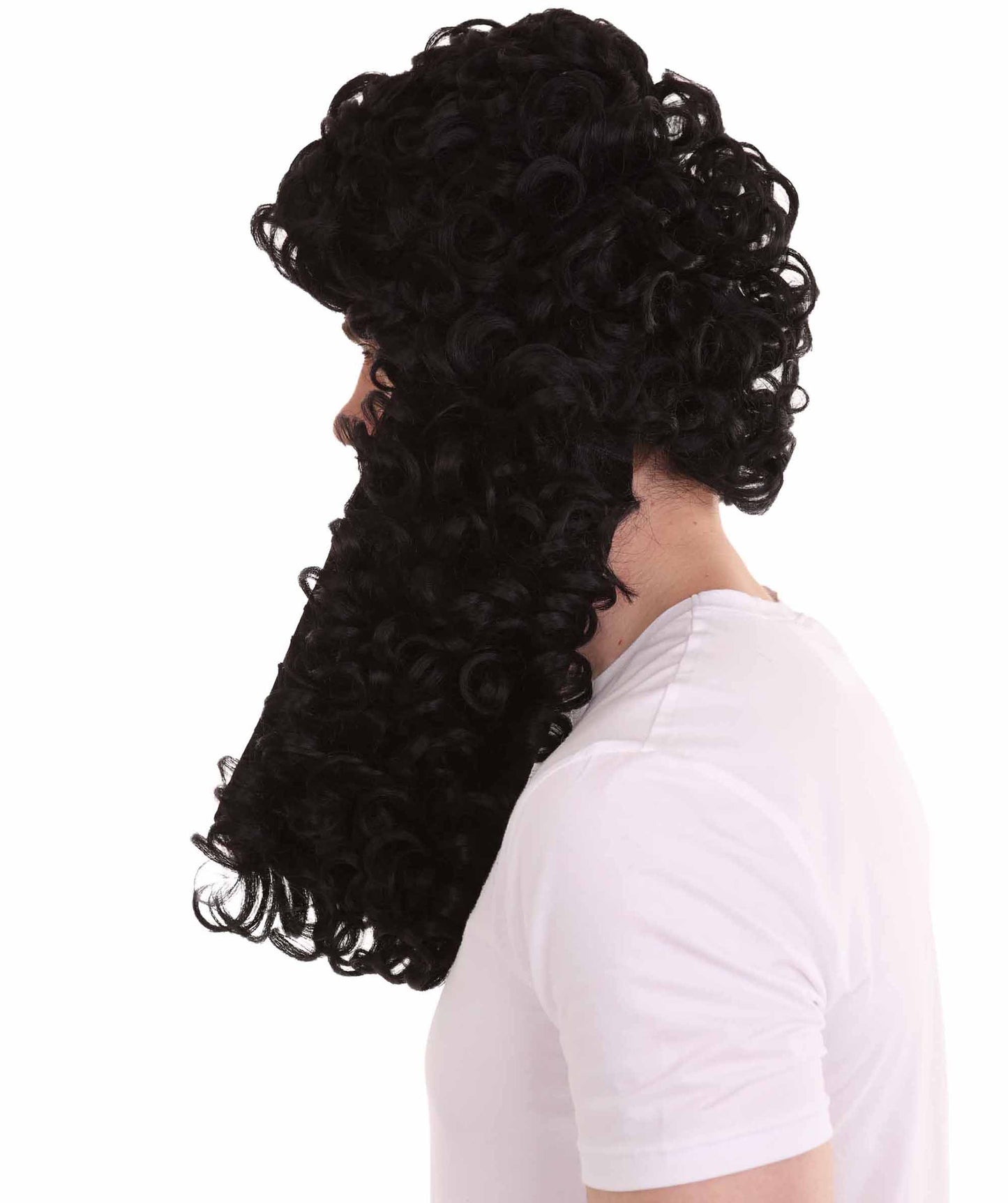 ハロウィンパーティ 男性用 H-4279 コロニアル歴史的なカーリーウィッグ 黒 プレミアム通気性キャップレスキャップ