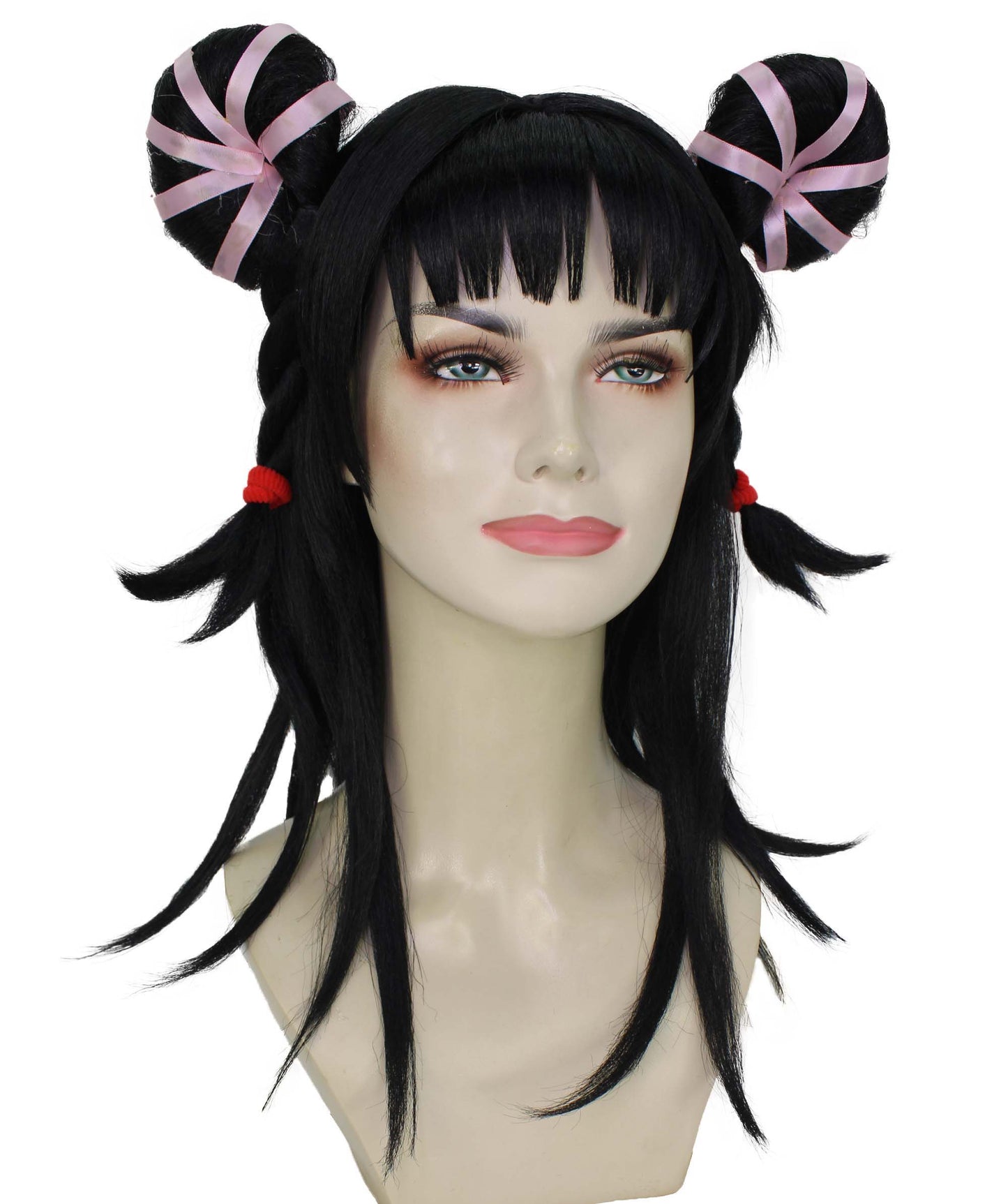 女性用 H-6237 ブラック ロングストレート ダブルバンウィッグ 難燃性合成繊維