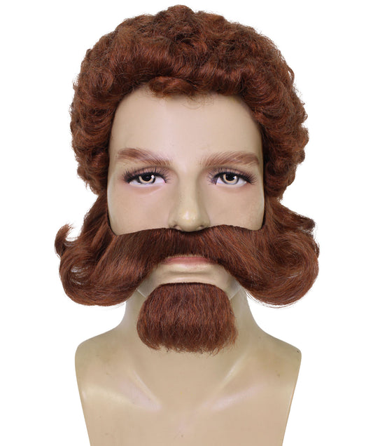 メンズ H-6164 ブラウンウィッグセット マトンチョップひげと口ひげ付き コスプレウィッグ 難燃性合成繊維